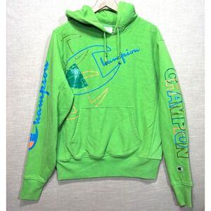 Champion Reverse Weave Hoodie Size M Green Logo Pullover Sweatshirt